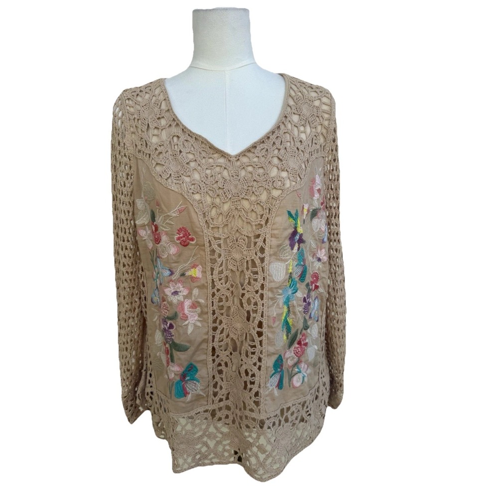 V Cristina Boho Crochet Lace Floral Embroidered Tunic Top Beige Large